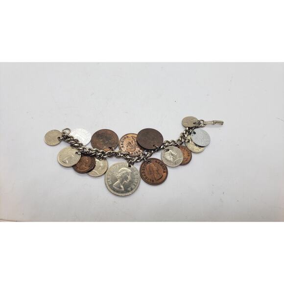 Vintage Jewelry - Vintage Coin Charm Bracelet Souvenir Mixed Coins Queen Elizabeth Regina Collect